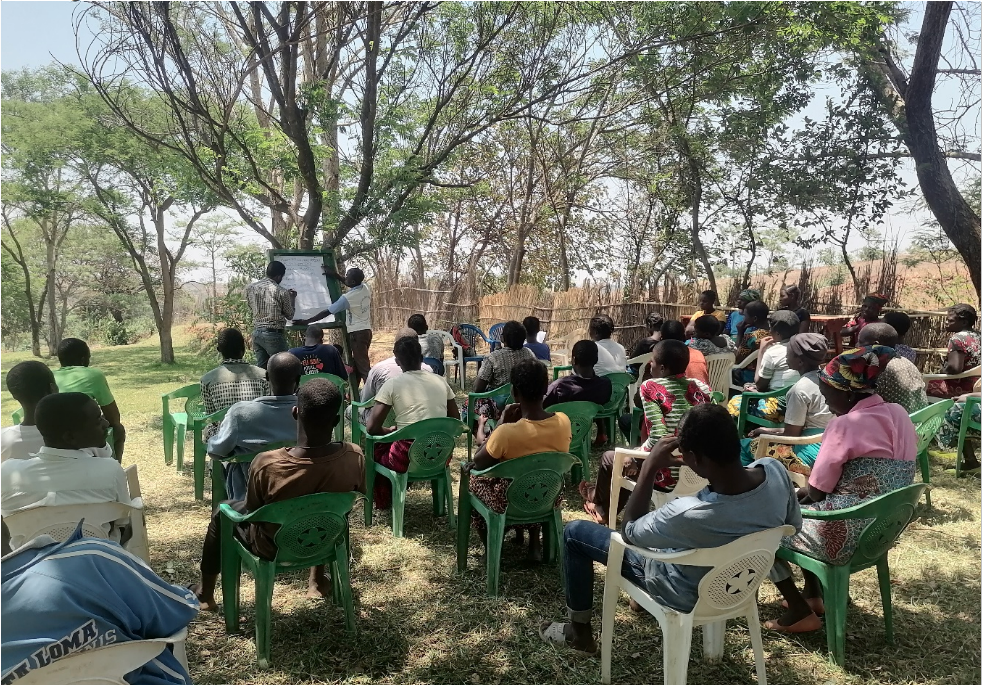 Mitglieder einer Dorfgemeinschaft in der Zentralregion Malawis lernen bei einem Training das Konzept der lokalen Klima-Hubs kennen. Foto: YSD Malawi.